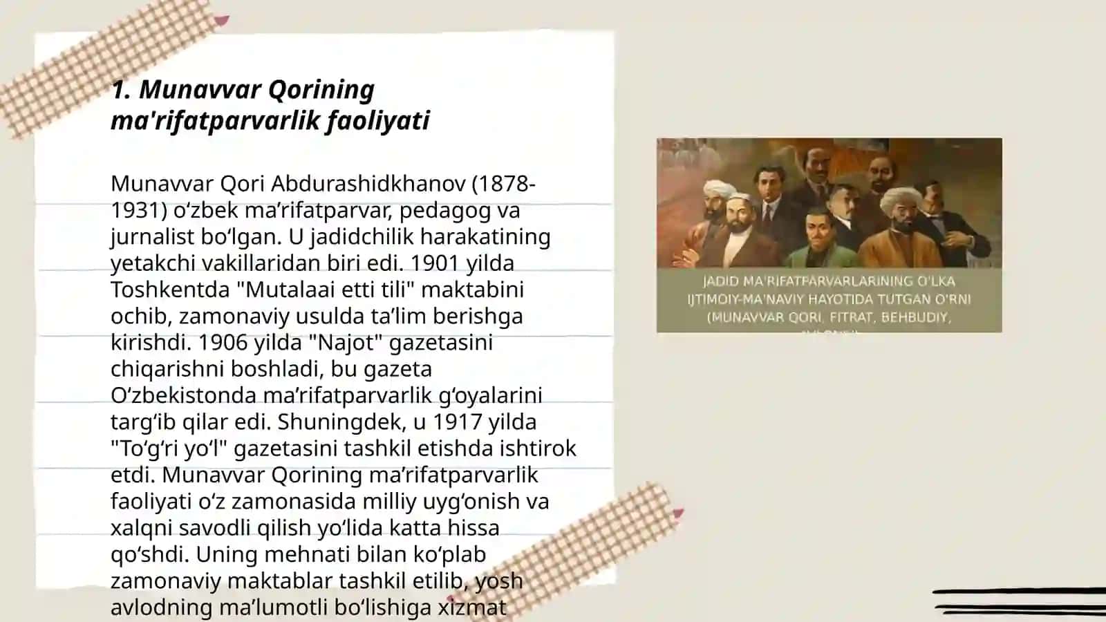 Jadid ma'rifatparvarlarning õlka ijtimoiy- ma'naviy hayotida tutgan o'rni ( Munavvar Qori, Fitrat, Behbudiy, Avloniy va boshqalar) 3