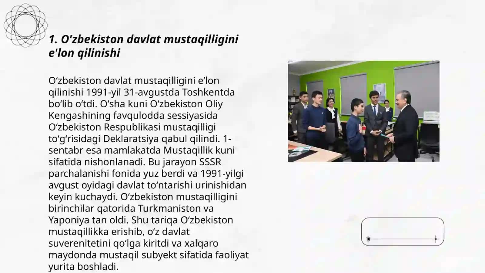 O'zbekistonda davlat mustaqiligining qo'lga kirilishi,xuquqiy demokratik davlat va fuqarolik jamiyati asoslarining barpo etilishi 3
