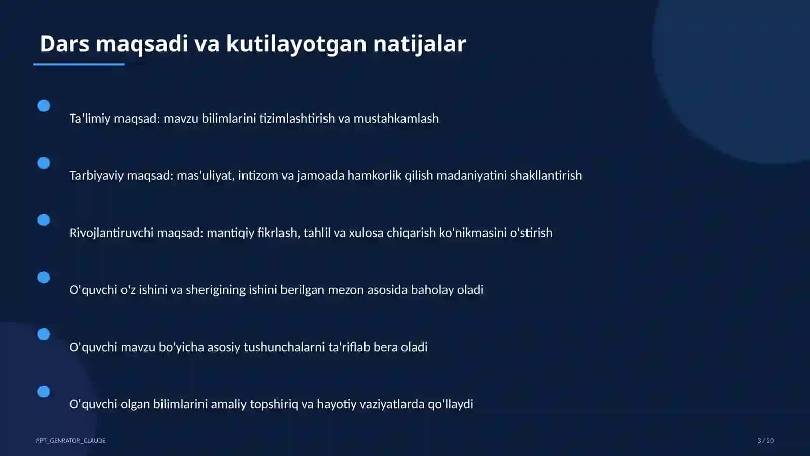 Sinf soati va tarbiyaviy tadbirlar (1–11) — ochiq dars uchun 3