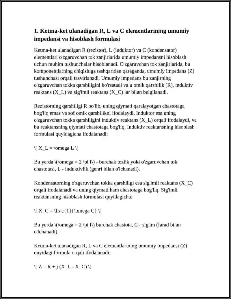 Ketma-ket ulanadigan R, L va C elementlarining umumiy impedansi va hisoblash formulasi 3