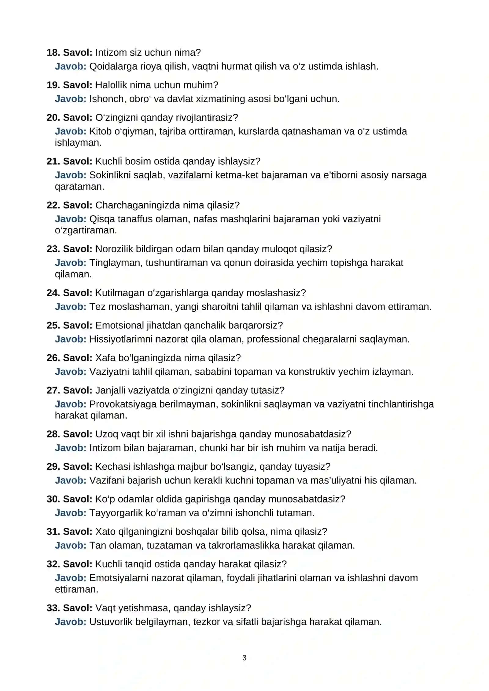 BOJXONAGA ISHGA KIRISH UCHUN PSIXOLOGIK TEST SAVOL VA JAVOBLARI 3