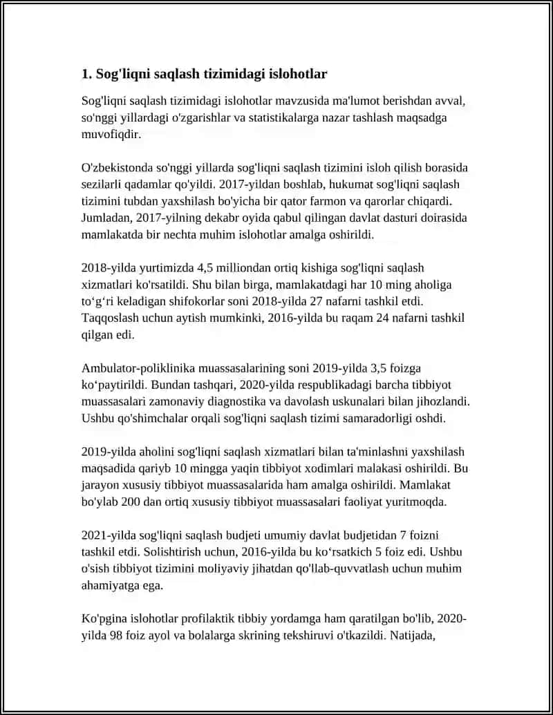 REFERAT Mavzu: O'ZBEKISTONDA IJTMOIY SOHADA AMALGA OSHIRILAYOTGAN O'ZGARISHLAR MAZMUN VA MOHIYATI 3