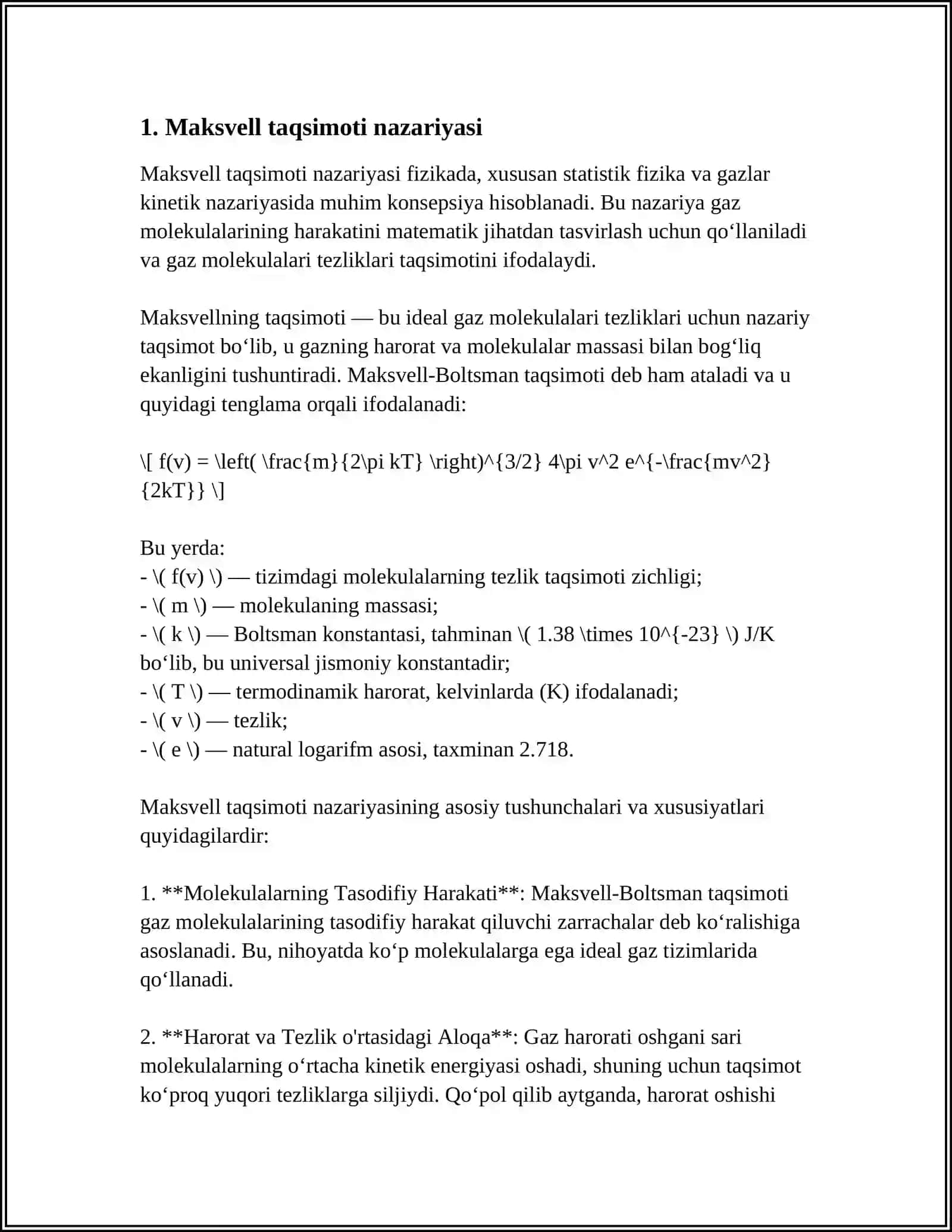 GAZ MOLEKULALARNING ISSIQLIK HARAKATI VA ENERGIYASI BUYICHA MAKSVELL TAQSIMOTI. O'ZGARUVCHAN MASSALI JISMNING HARAKATI. ERKINLIK DARAJASI BUYICHA ENERGIYA TAQSIMOTI 3
