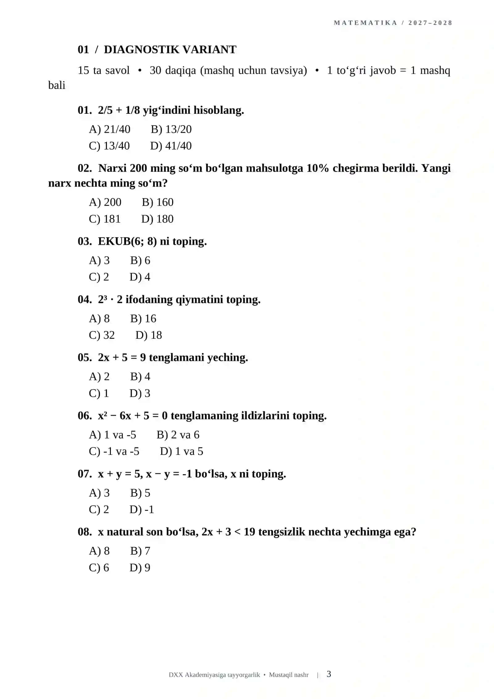 DXX AKADEMIYASIGA KIRISH UCHUN MATEMATIKA FANIDAN NAMUNAVIY TESTLAR 2026-2027 QABUL 3