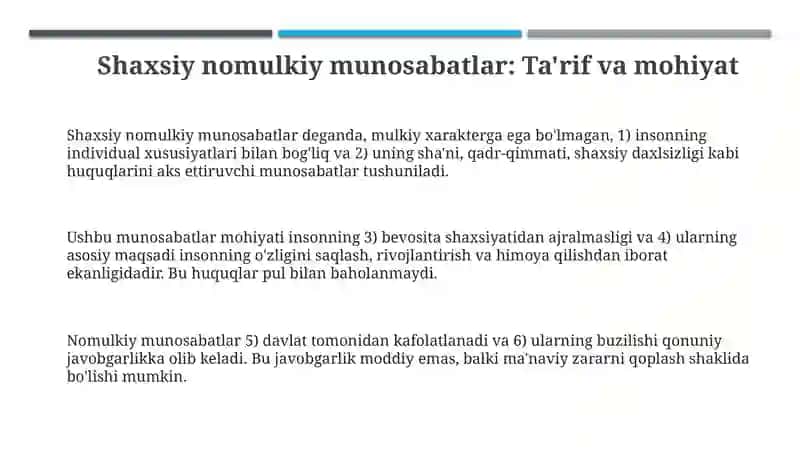 Shaxsiy nomulkiy munosabatlarning mazmuni 3