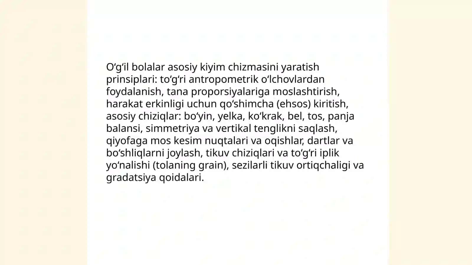 O‘g‘il bolalar zamonaviy kiyimlari asos chizmasini konstruksiyalash va modellashtirish 3