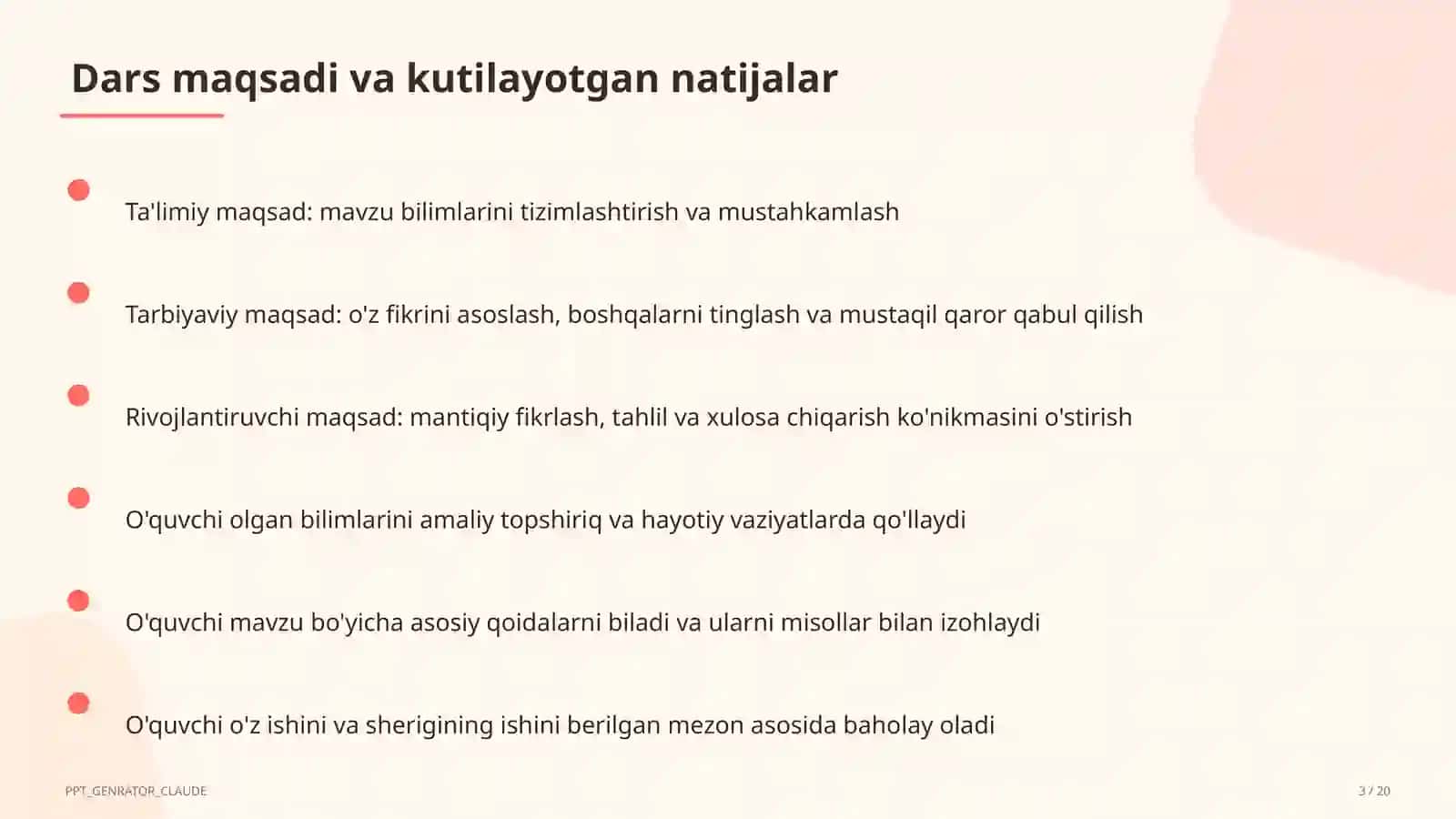 Sinf soati va tarbiyaviy tadbirlar (1–11) - ochiq dars uchun 3