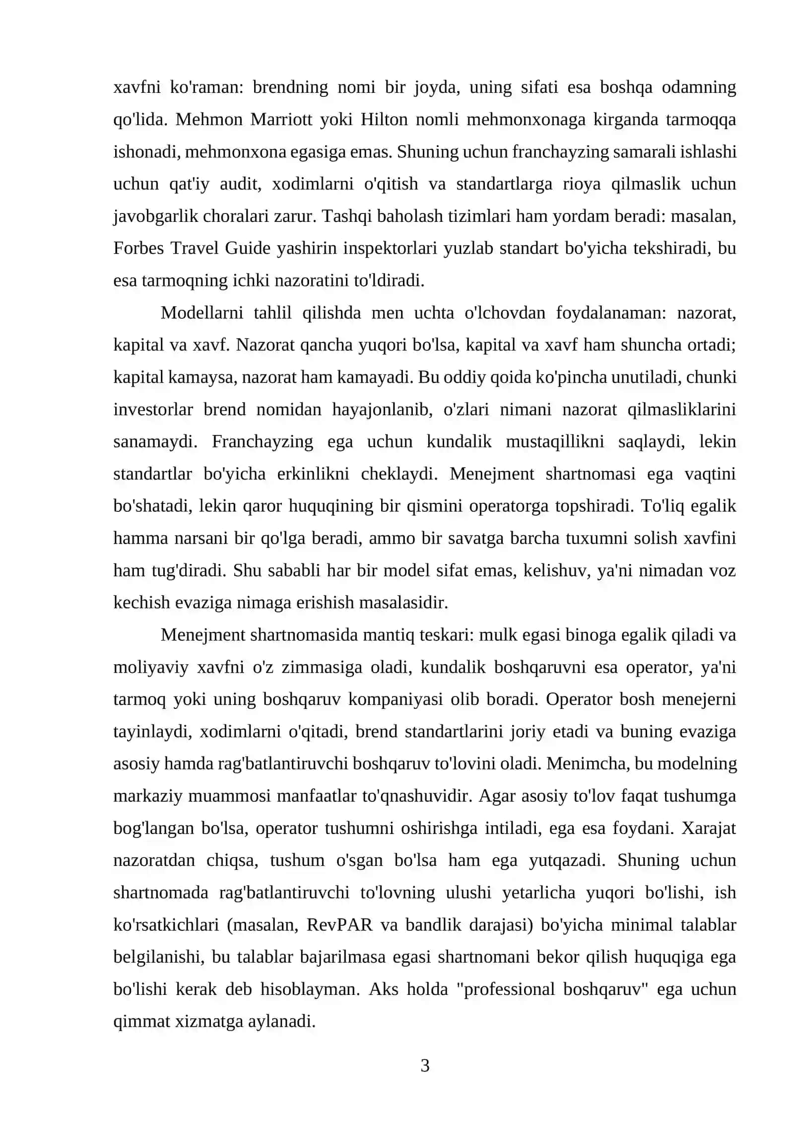 XORIJIY MEHMONXONA TARMOG'INING BOSHQARUV MODELI: FRANCHAYZING, MENEJMENT SHARTNOMALARI, EGALIK SHAKLLARI 3