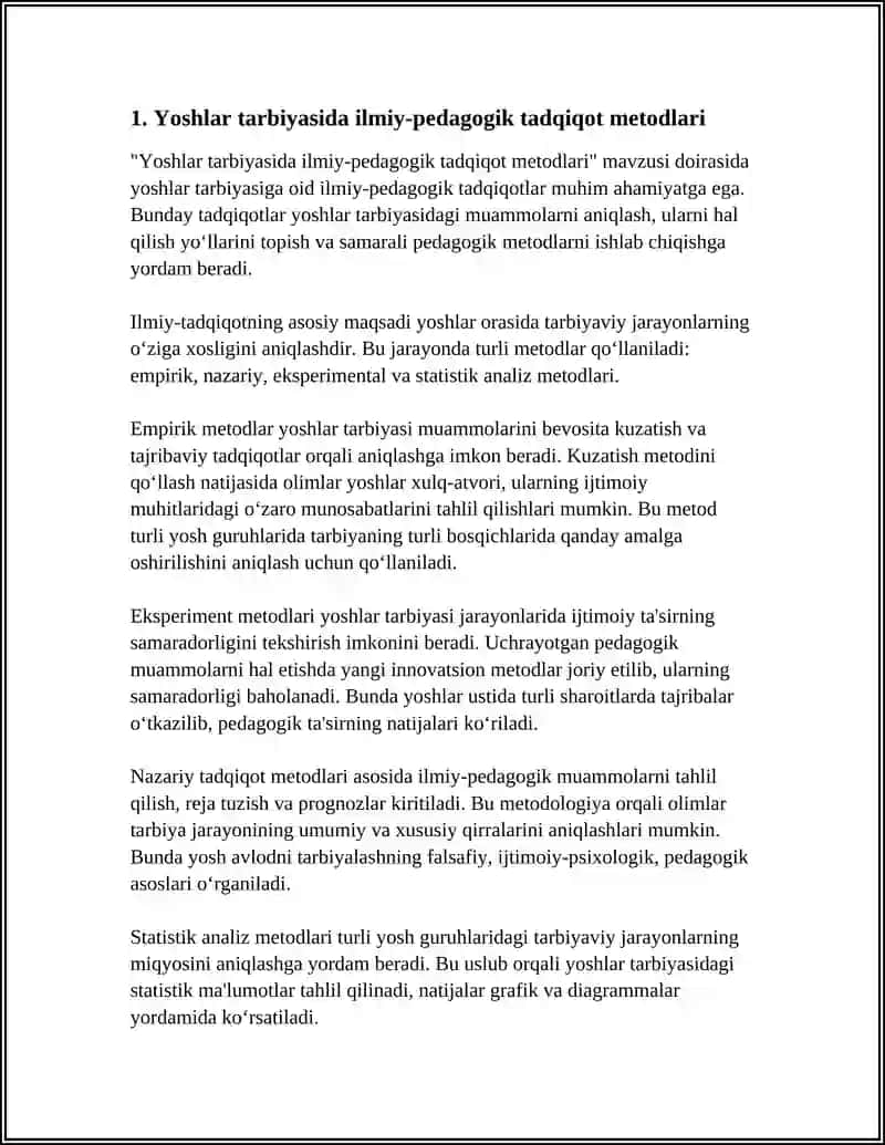 YOSHLAR TARBIYASI. YOSHLAR TA'LIM TARBIYASI MUAMMOLARINI TADQIQ ETISHNING ILM PEDAGOGIK METODLARI 3