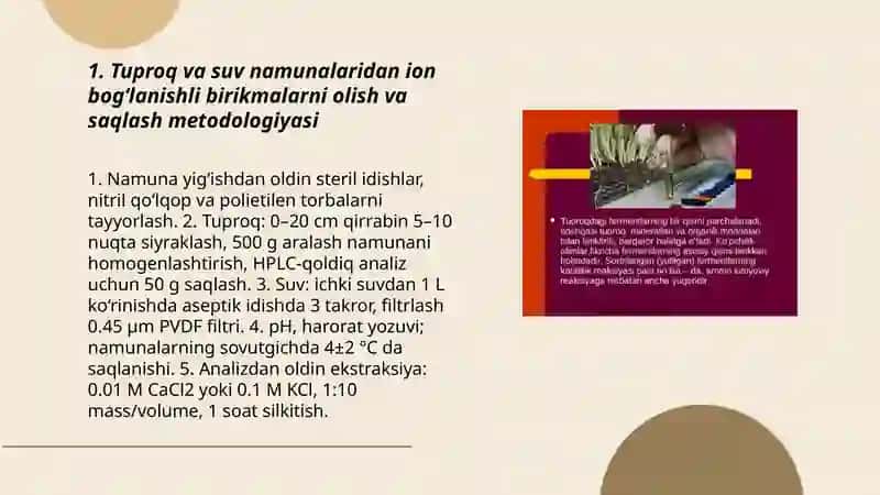 Tuproq va suvning ifloslanishida ion bogʻlanishli birikmalarni aniqlab ulardan tozalash usulini ishlab chiqish 3