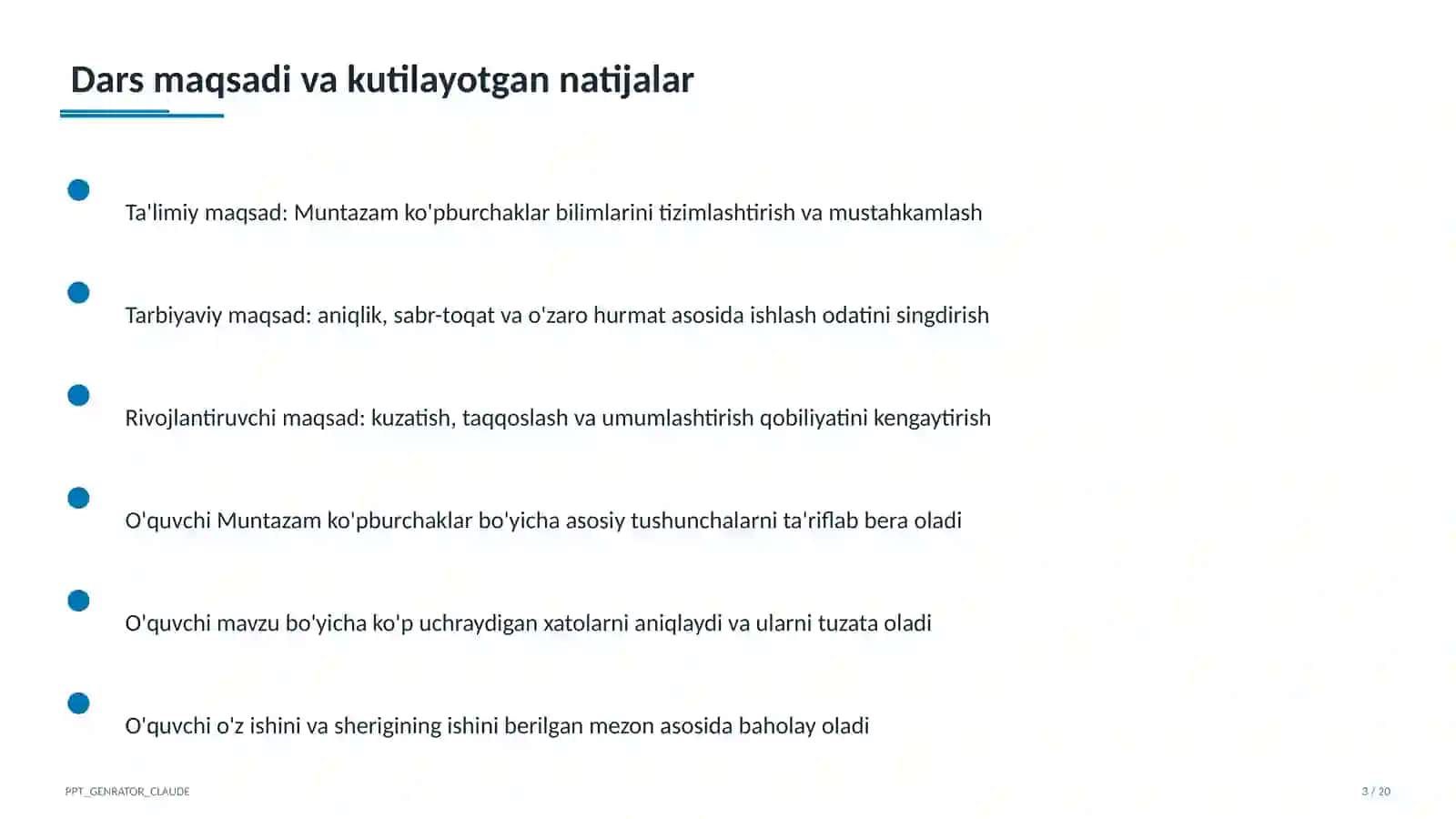 Muntazam ko'pburchaklar (9-sinf) Geometriya (7– 11) - metodik birlashma uchun 3