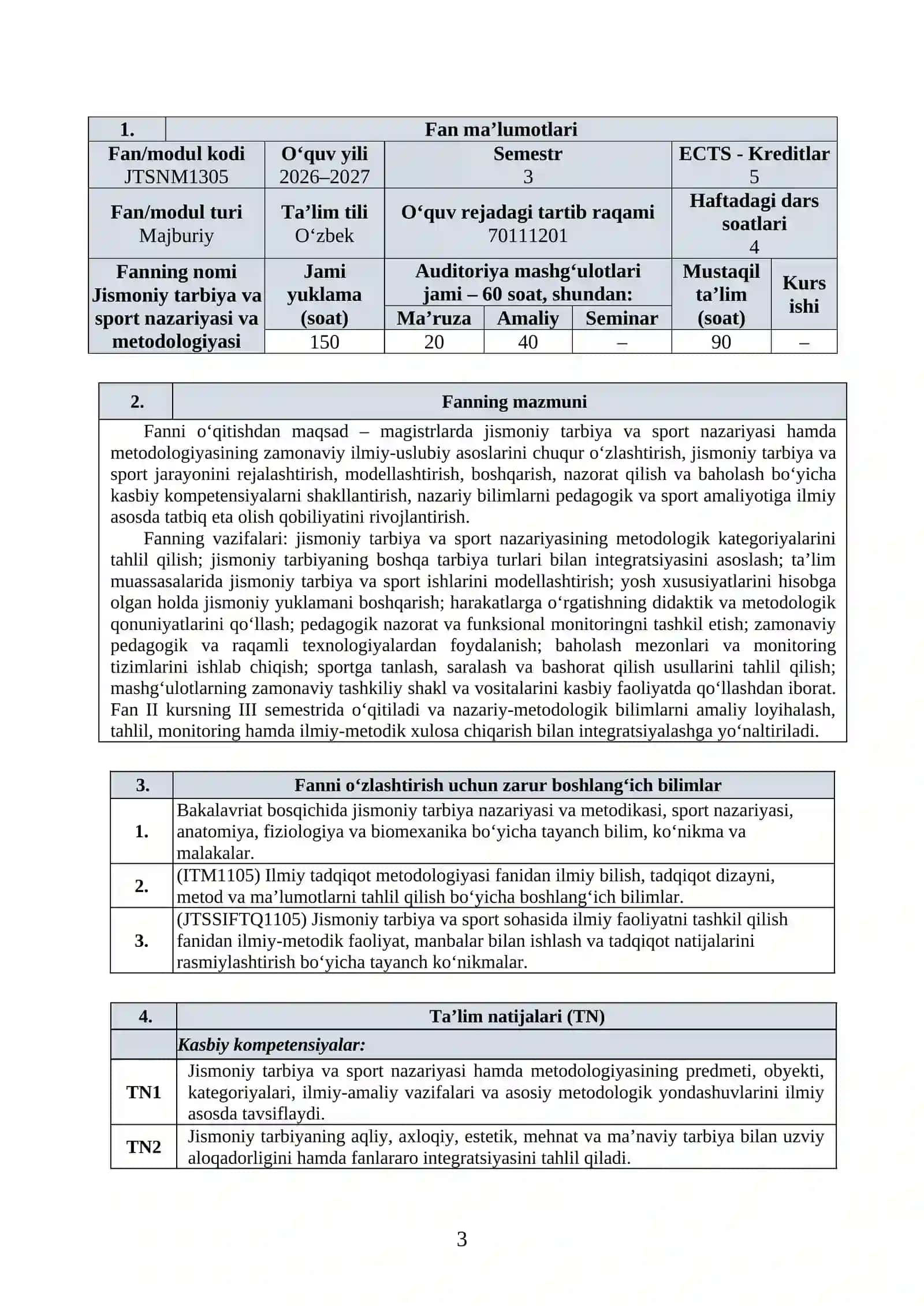 JISMONIY TARBIYA VA SPORT NAZARIYASI VA METODOLOGIYASI o'quv dasturi 2026-2027 3