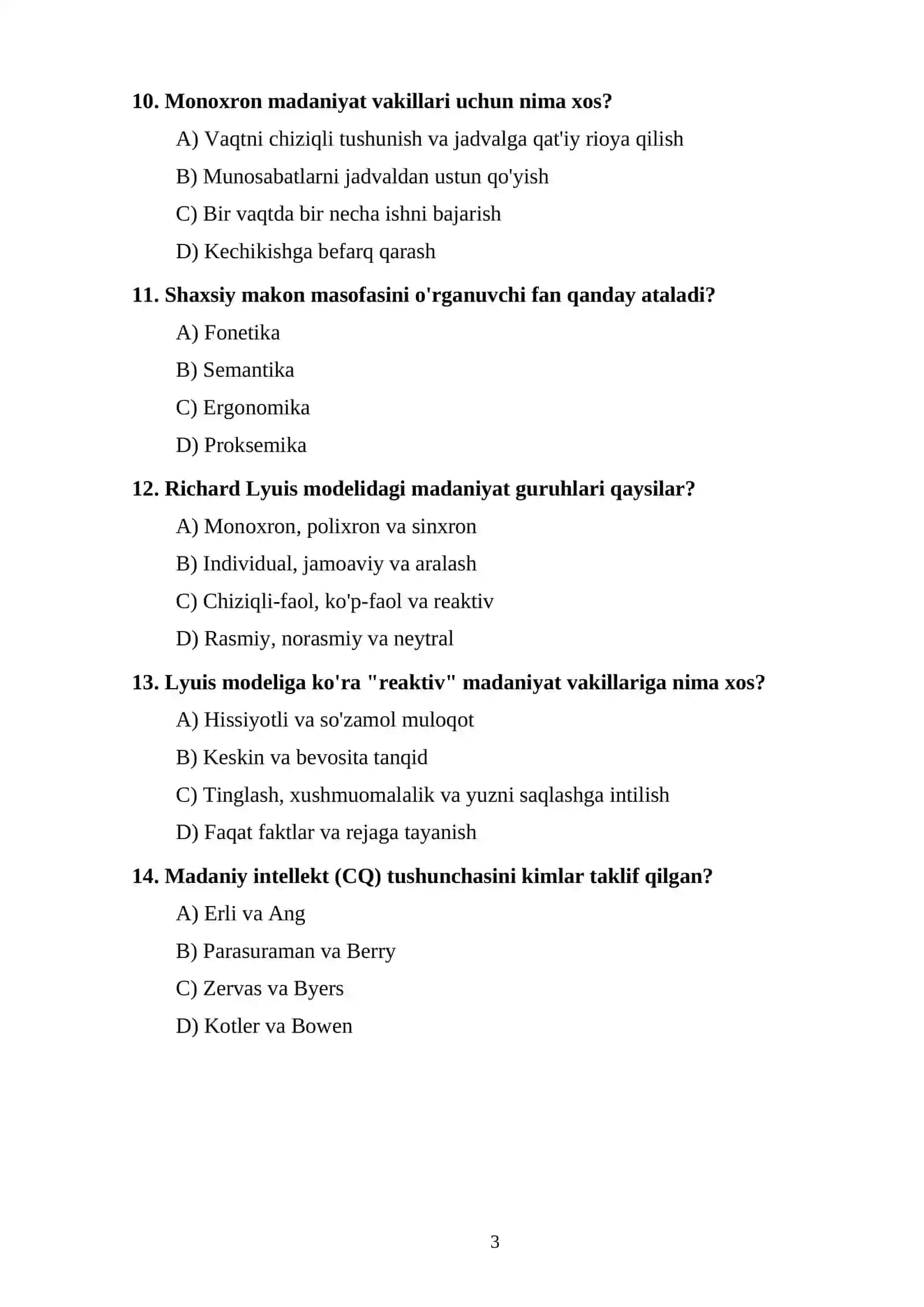 Test Topshiriqlari (Mehmonxonalarda xalqaro mijozlar bilan ishlash madaniyati va transmilliy kommunikatsiya) 3