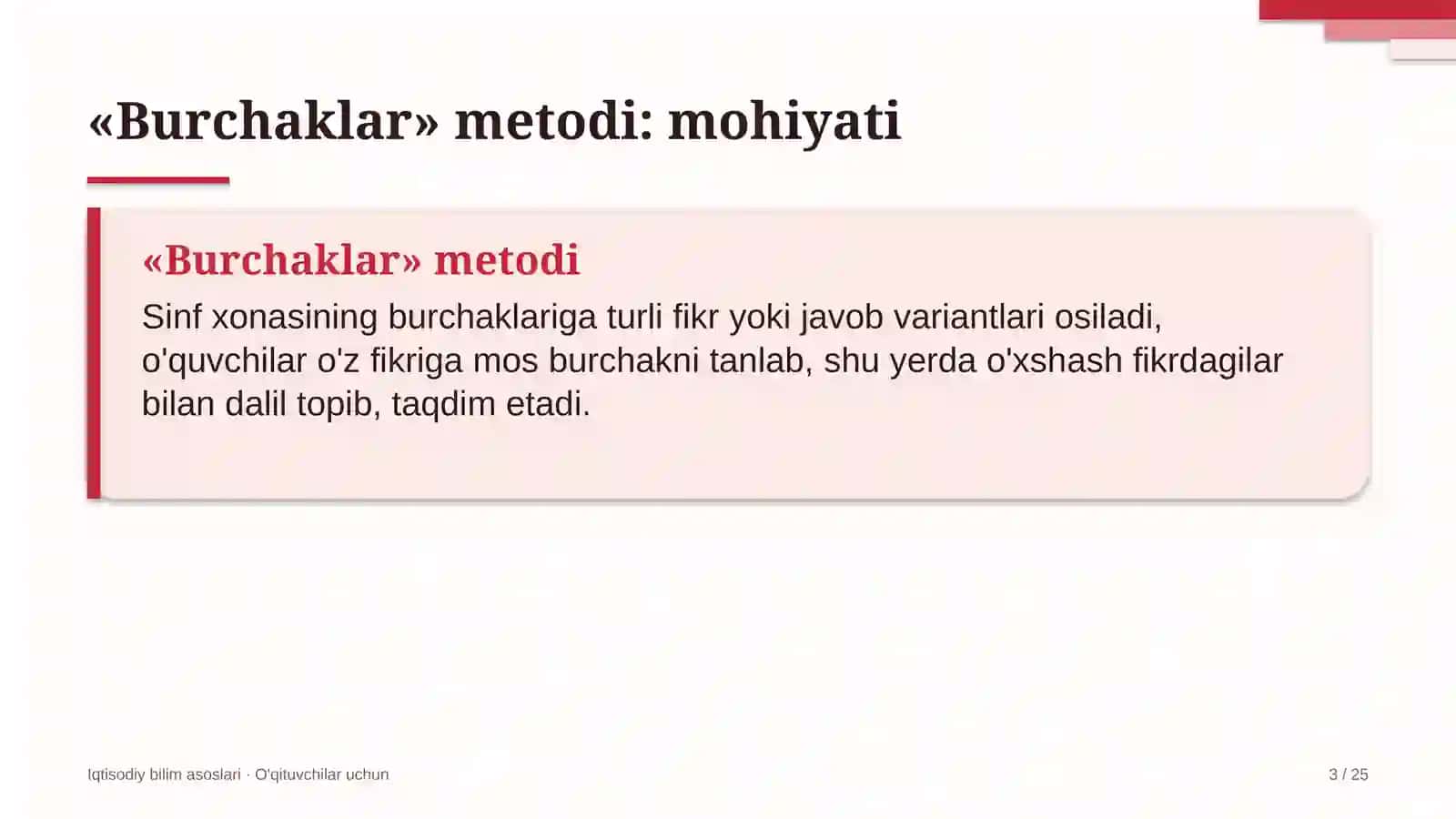 iqtisodiy bilim asoslari darslarida burchaklar metodidan foydalanish 1701 3
