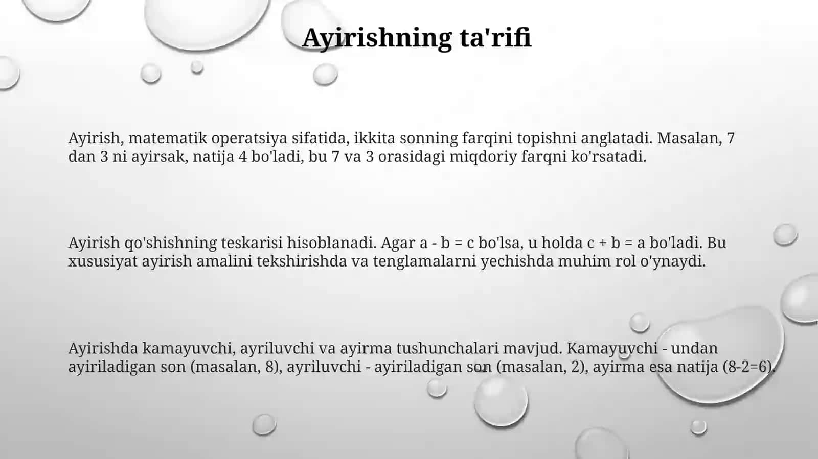 Ayirish va boʻlishning tarifi. Nolga boʻlishning mumkin emasligi. Qoldiqli boʻlish 3