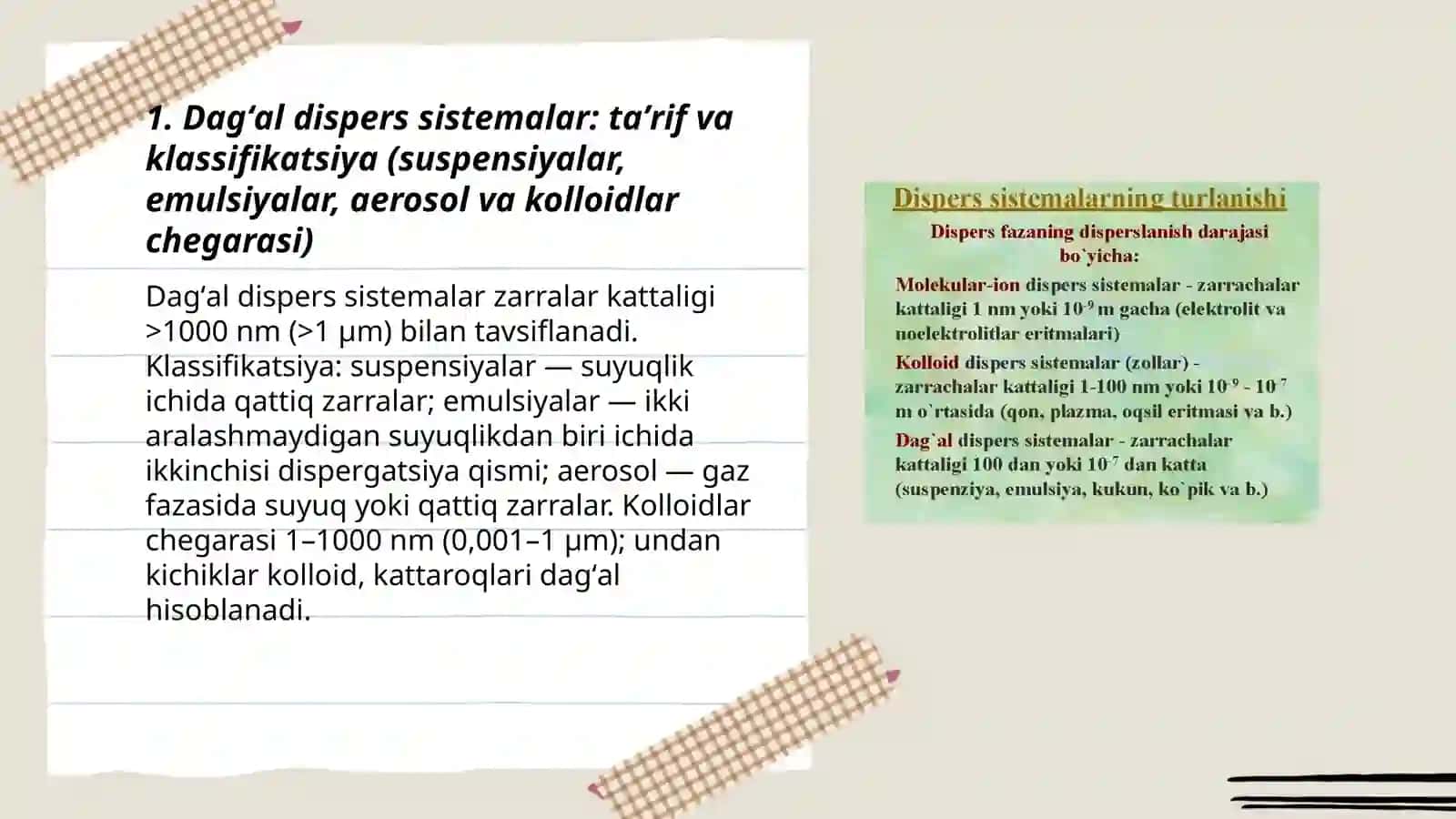 Dag'al -dispers sistemalarning xossalari va ularni tibbiyot va formakologiyada ishlatilinishini amaliyotda o'rganish va ma'lumotlar asosida taqdimot tayyorlash 3