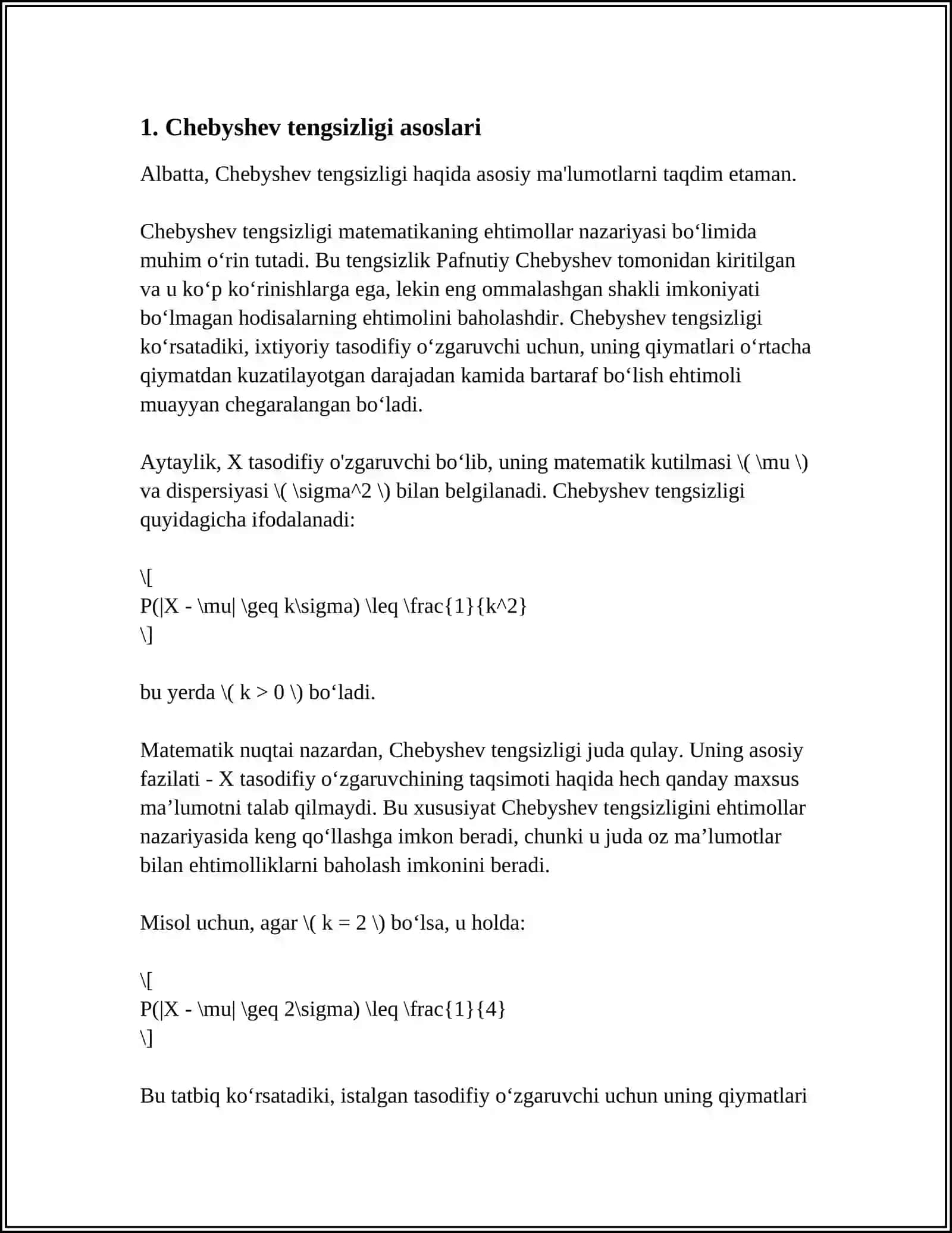MUSTAQIL ISH Mavzu: CHEBISHEV TENGSIZLIGI 3