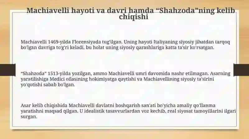 Makiavellining "Xukmdor" asaribo'yichataqdimot 3
