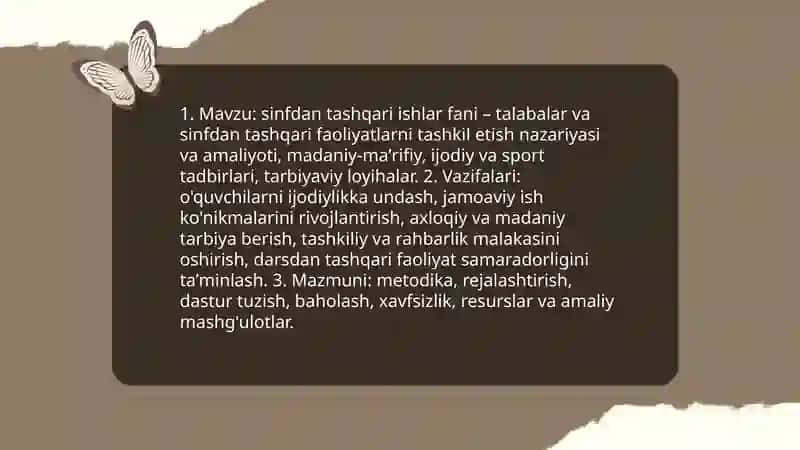 Sinfdan tashqari ishlarni tashkil qilish va oʻqitish metodikasi fani 3
