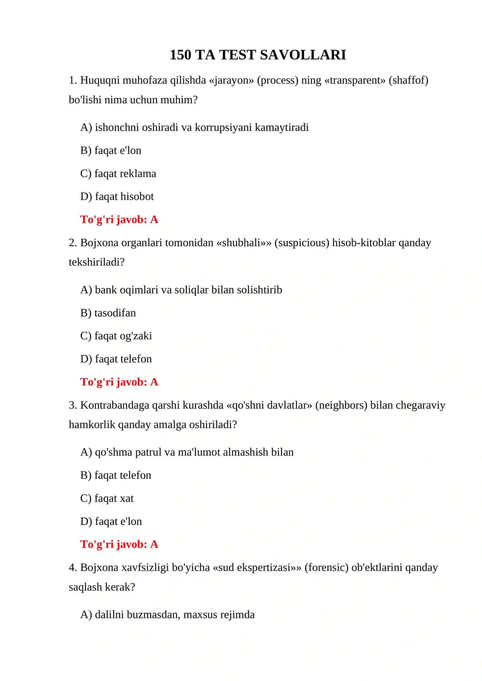 Bojxona Organlarining Huquqbuzarliklarga Qarshi Faoliyati - 150 ta Test Savollari 3