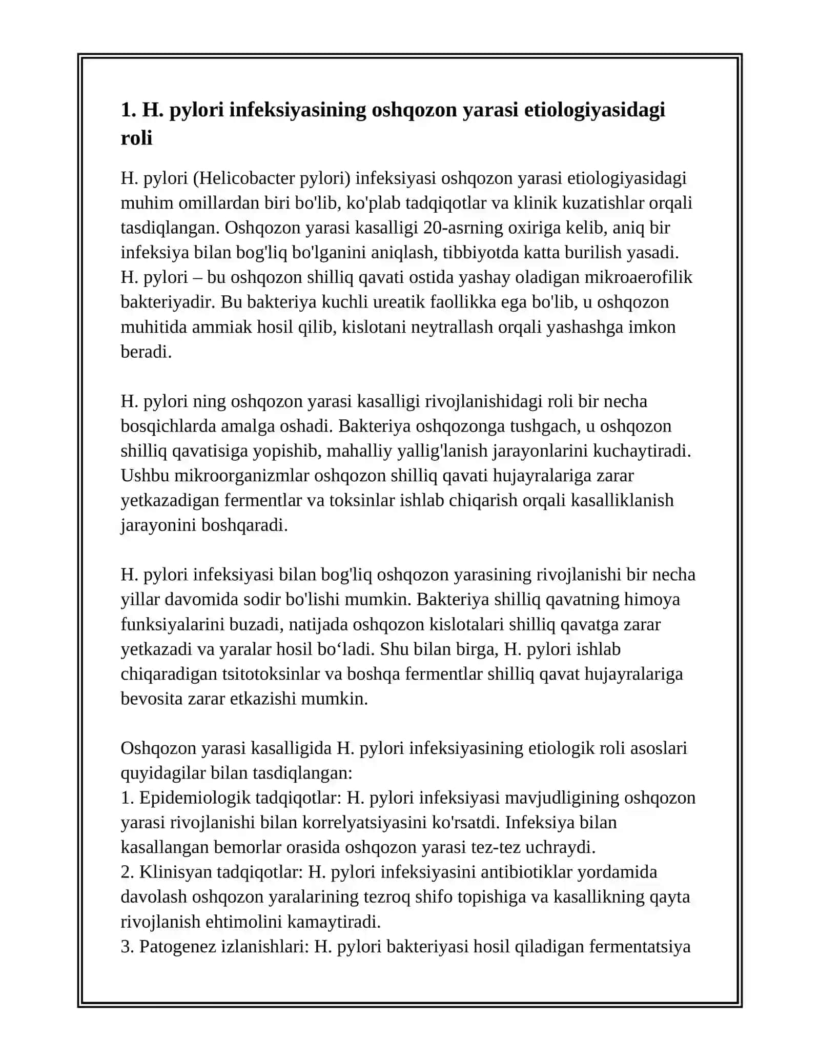 OSHQOZON YARA KASALLIGI ETIOLOGIYASI VA PATOLOGIYASIDAGI ZAMINAVIY ASPEKTLAR 3