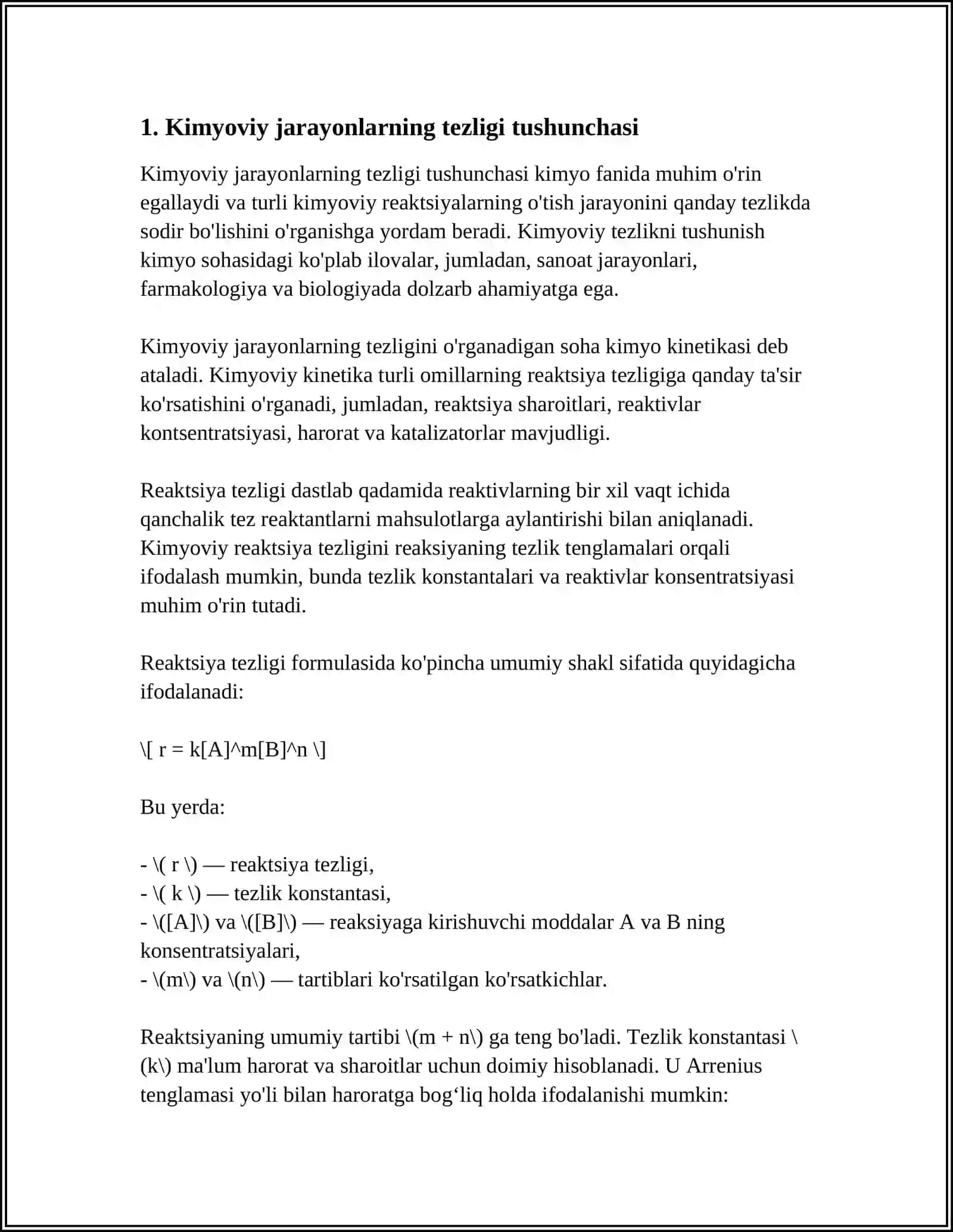MUSTAQIL ISH Mavzu: KIMYOVIY JARAYONLAR TEZLIGI 3