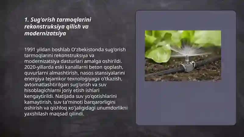 Mustаqillik yillаridа О‘zbekistоndа irrigаtsiyа sоhаsidа аmаlgа оshirilаyоtgаn islоhоtlаr 3