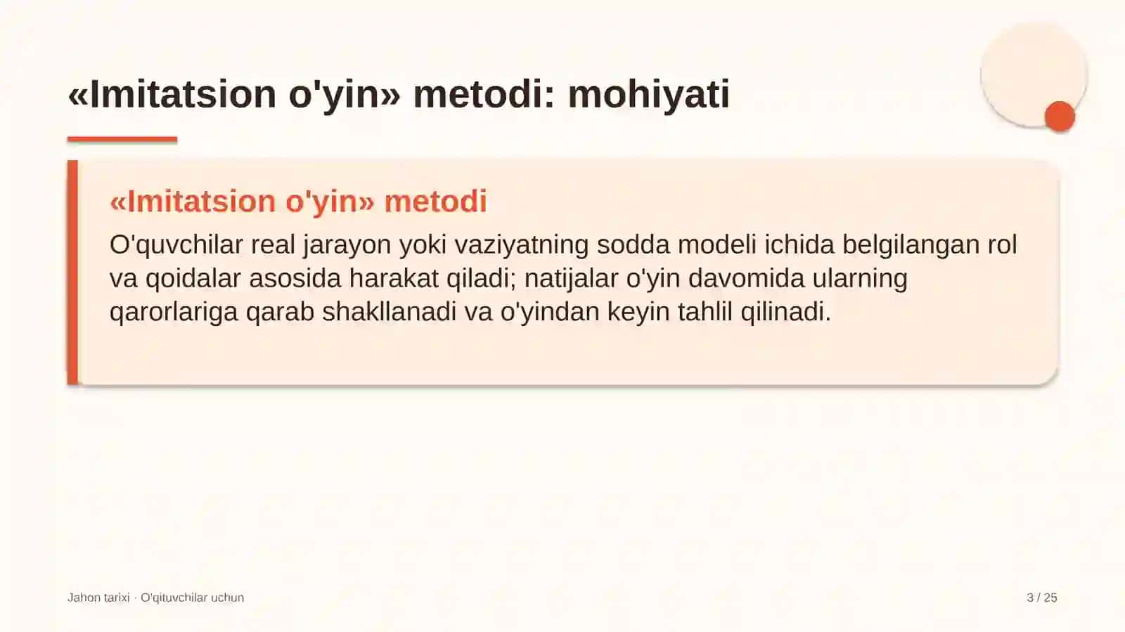jahon tarixi darslarida imitatsion o'yin metodidan foydalanish 5228 3