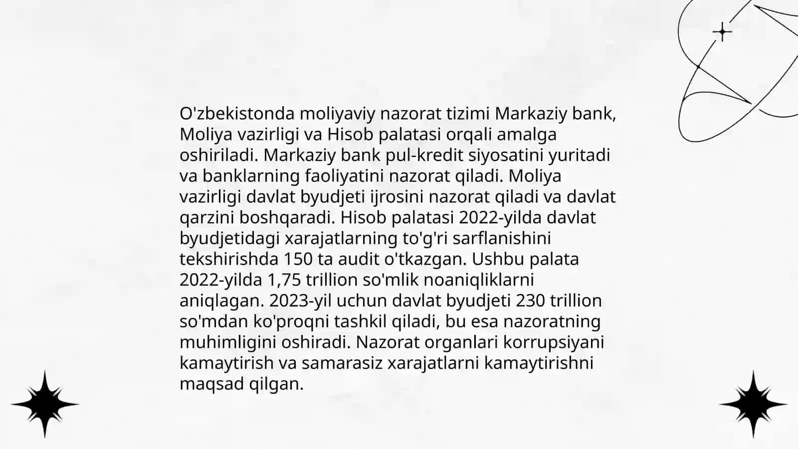 O’zbekiston Respublikasida moliyaviy nazorat tizimida auditning tutgan o’rni 3