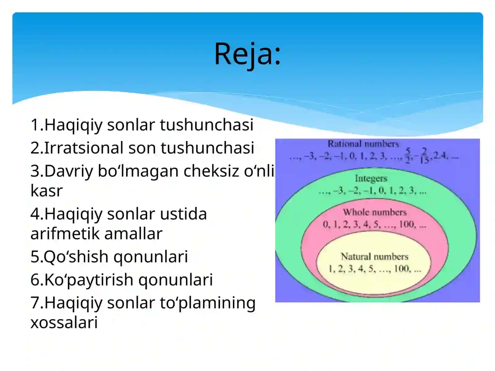 Haqiqiy sonlar. Irratsional son tushunchasi. Davriy boʻlmagan cheksiz oʻnli kasr. Haqiqiy sonlar ustida arifmetik amallar. Qoʻshish qonunlari. Koʻpaytirish qonunlari. Haqiqiy sonlar toʻplamining xossalari. 3