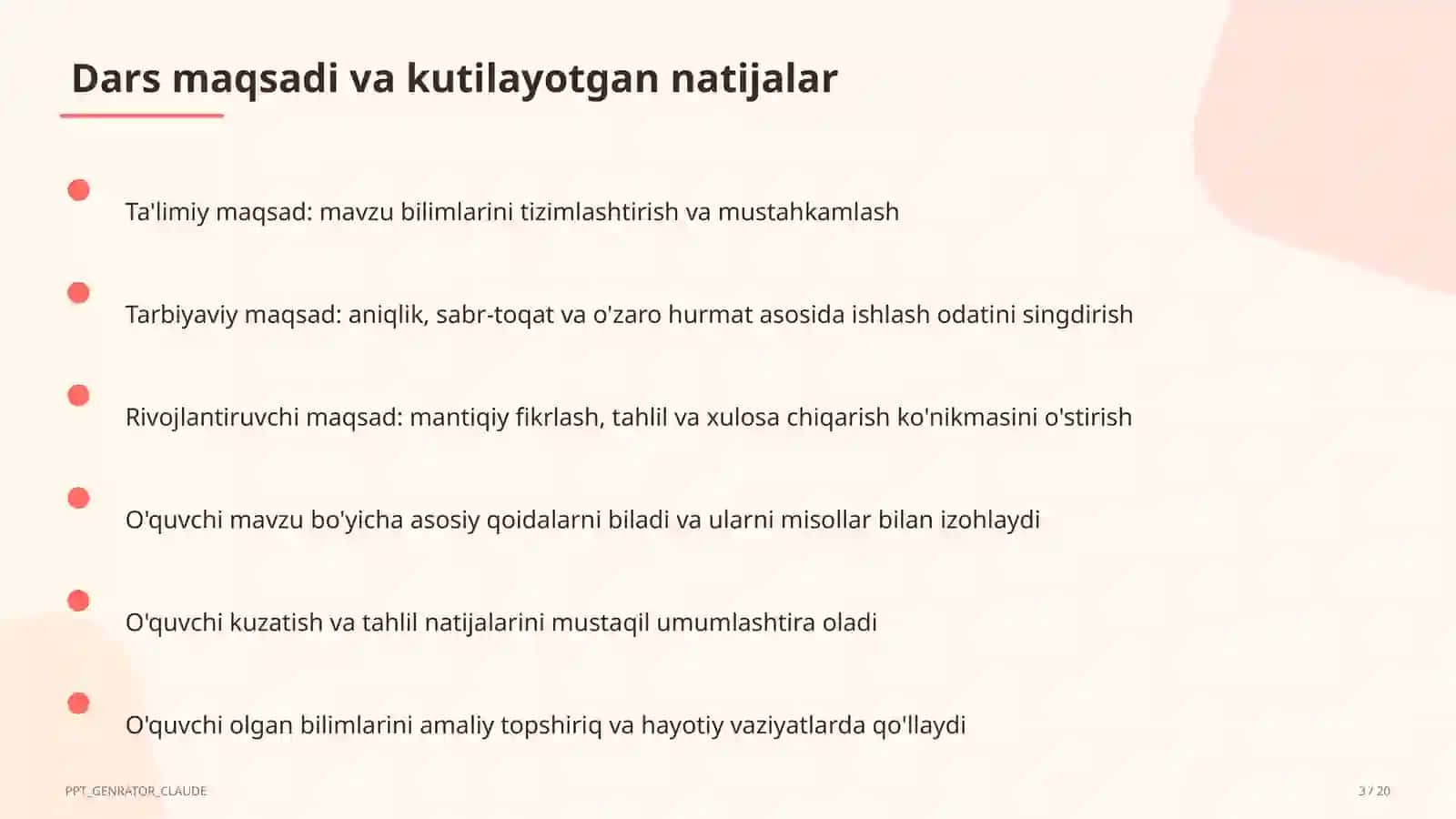 Sinf soati va tarbiyaviy tadbirlar (1– 3