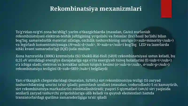 Yarim oʻtkazgichlararda zaryad tashuvchilar Rekombinatsiya 3