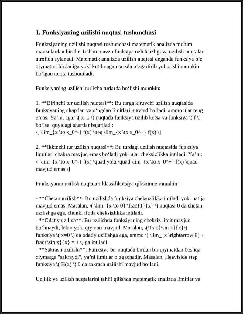 MUSTAQIL ISH Mavzu: FUNKSIYANING UZILISHI NUQTALARI VA ULARNING KLASSIFIKATSIYASI 3