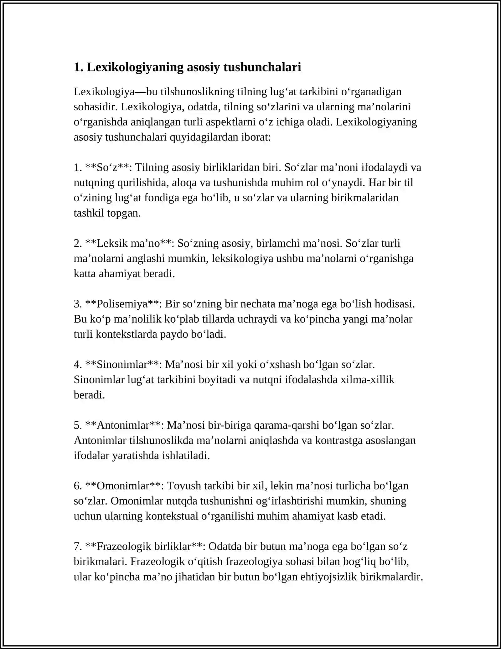 LEKSIKALOGIYA.SO'Z TIL BIRLIGI SIFATIDA.SO'ZNIN LEKSIK MA'NOSI.ETIMOLOGIYA 3