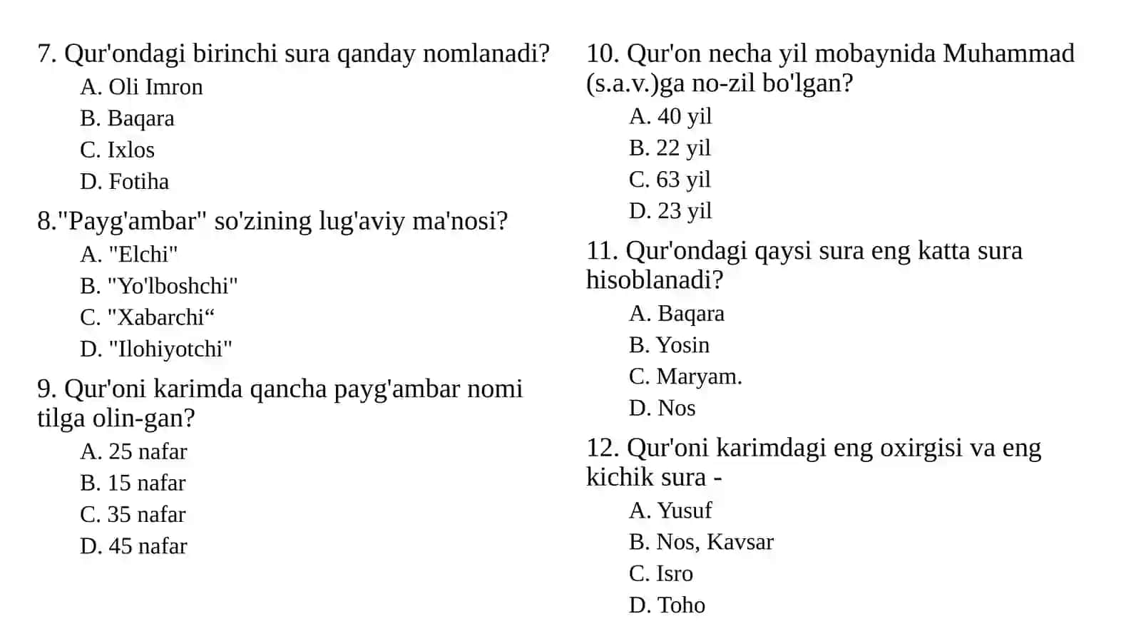 ISLOM ARKONLARI TEST 3