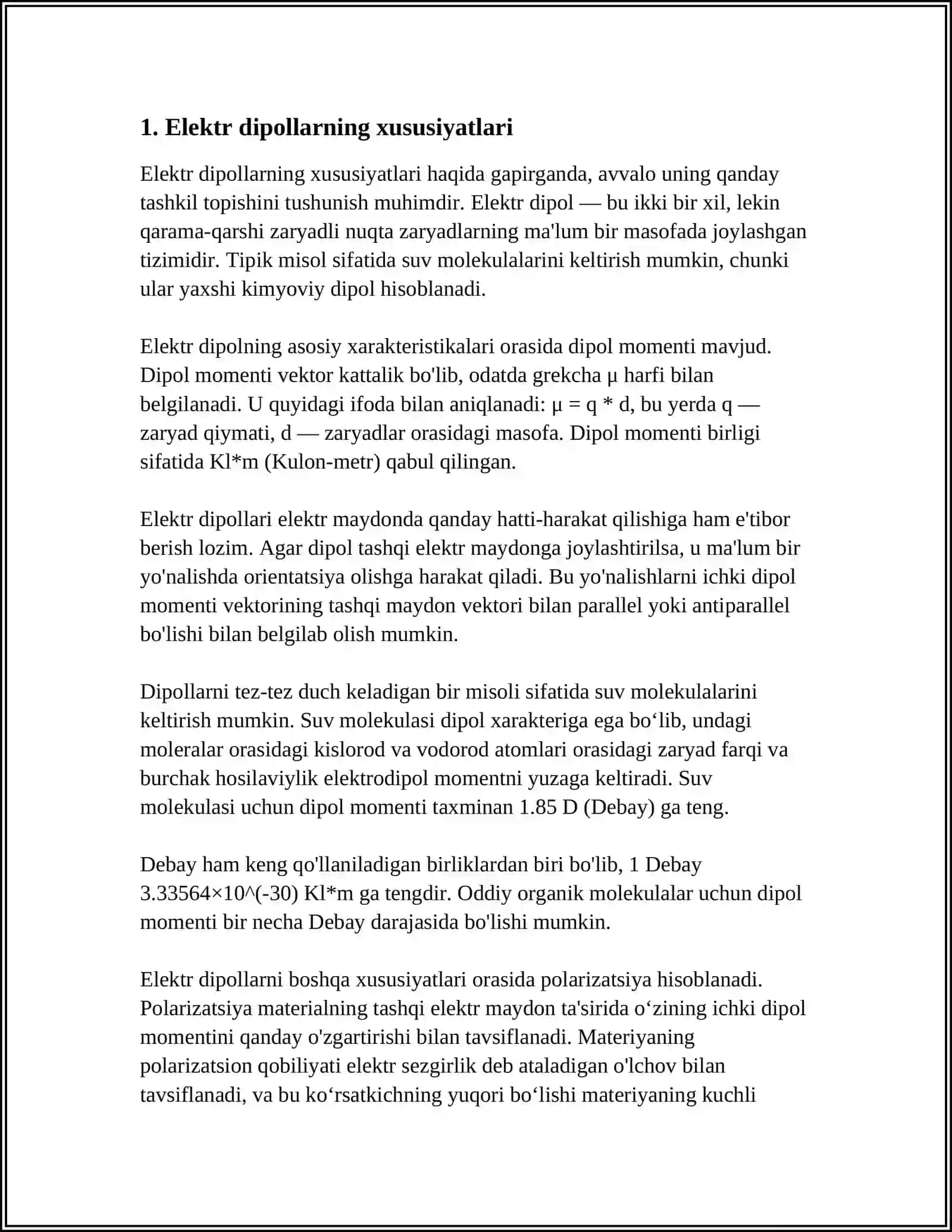 ELEKTR DIPOLI VA DIPOLLAR MAYDONI. DIELEKTRIKLARNING QUTUBLANISHI. ELEKKTR SILJISH VEKTORI. DIELEKTRIK SINGDIRUVCHANLIK. DIELEKTRIKLAR UCHUN ELEKTR OSTATIKANING ASOSIY TENGLAMALARI 3
