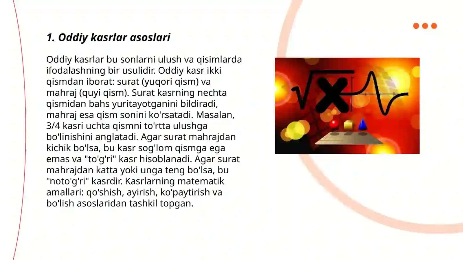 Aqliy rivojlanishida sustlashgan bolalarga oddiy kasrlar o'rgatish 3