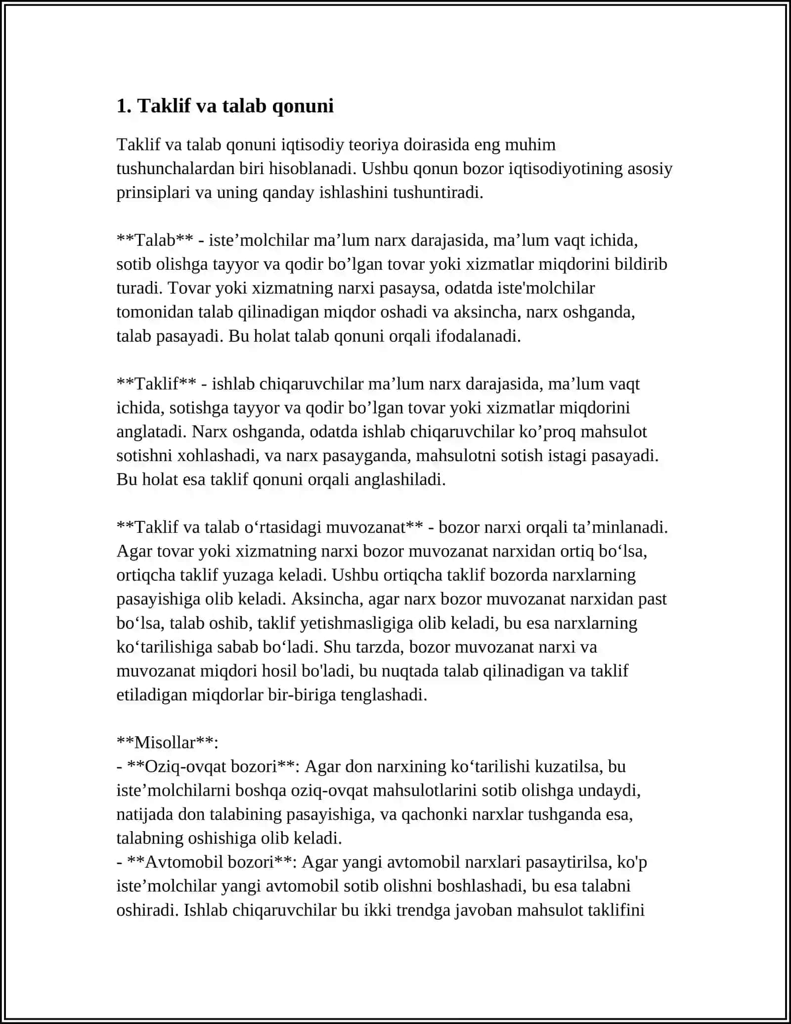 REFERAT Mavzu: TALAB TAKLIF BOZOR MUVOZANATI 3