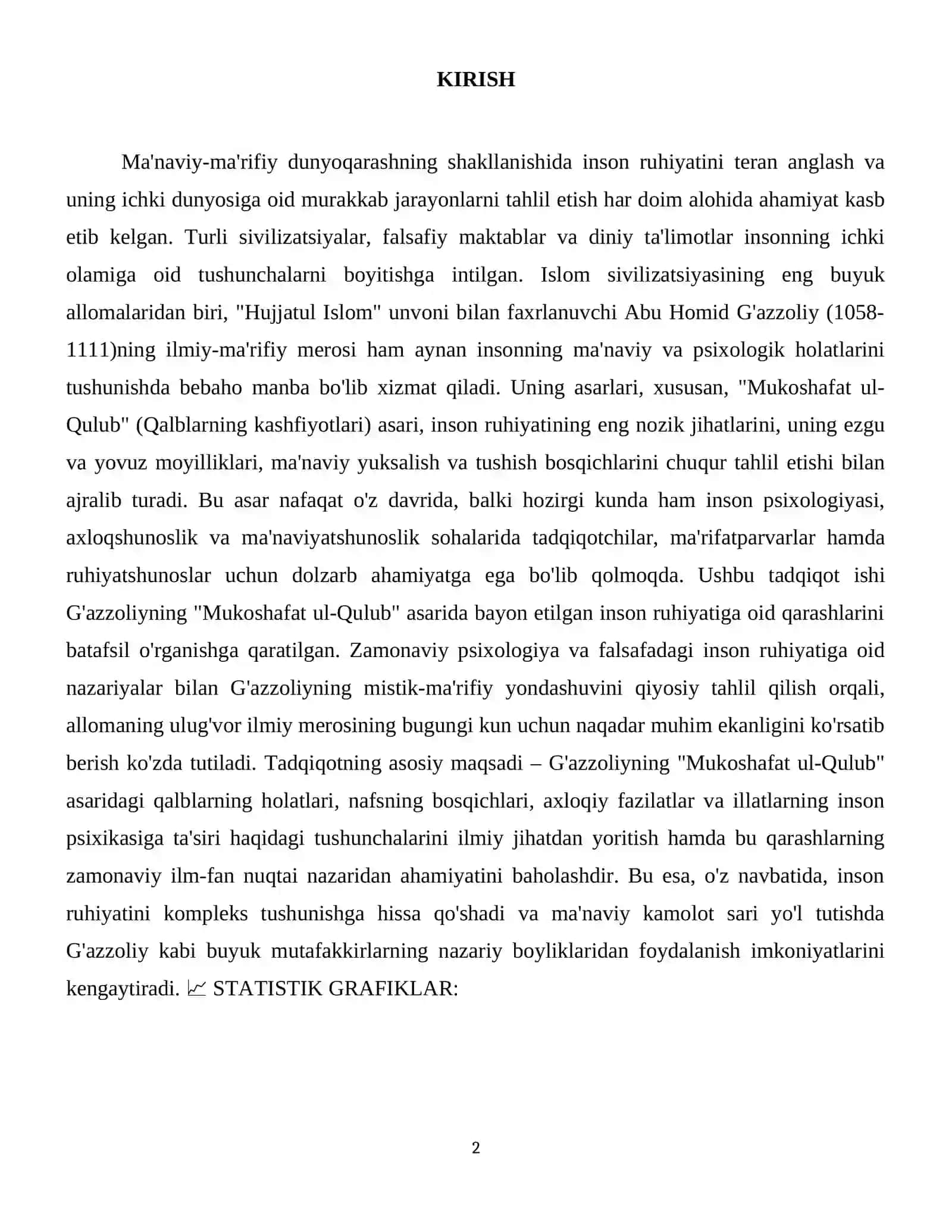 G'AZZOLIYNING "MUKOSHAFAT UL-QULUB" (Asarning inson ruhiyatiga ta'siri batafsil ochib berilsin, xulosada zamonaviy qarashlar bilan solishtirilgan holda essey yozilsin) 3