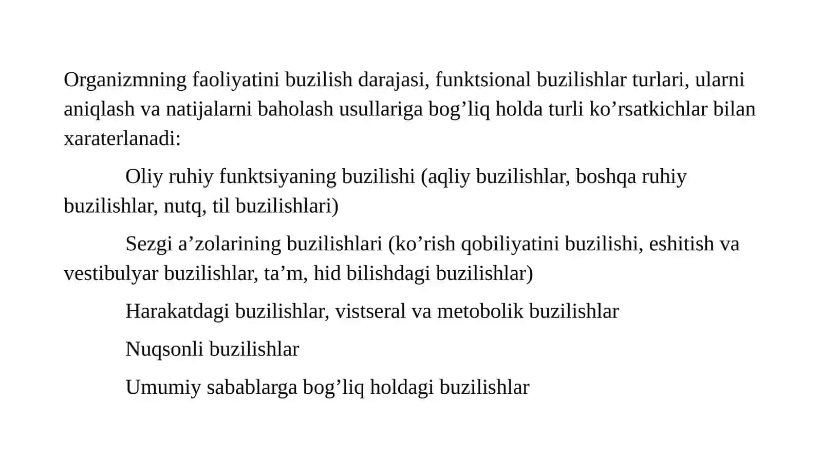 Nogironlik ko‘rsatkichlari va ularni hisoblash usullari. Aholi salomatligini baholashda nogironlik ko‘rsatkichlarini o‘rni. Sog‘liqni saqlash, asosiy tushunchalar va tamoyillari. Davolash profilaktik muassasalarining nomenklaturasi. 3