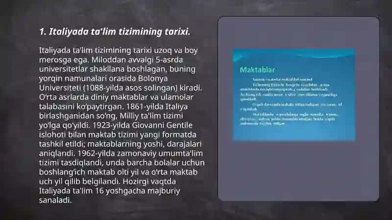 Italiya davlatining talim tizimi. Rivojlanishi. Maxamadjonova Nilufar 3