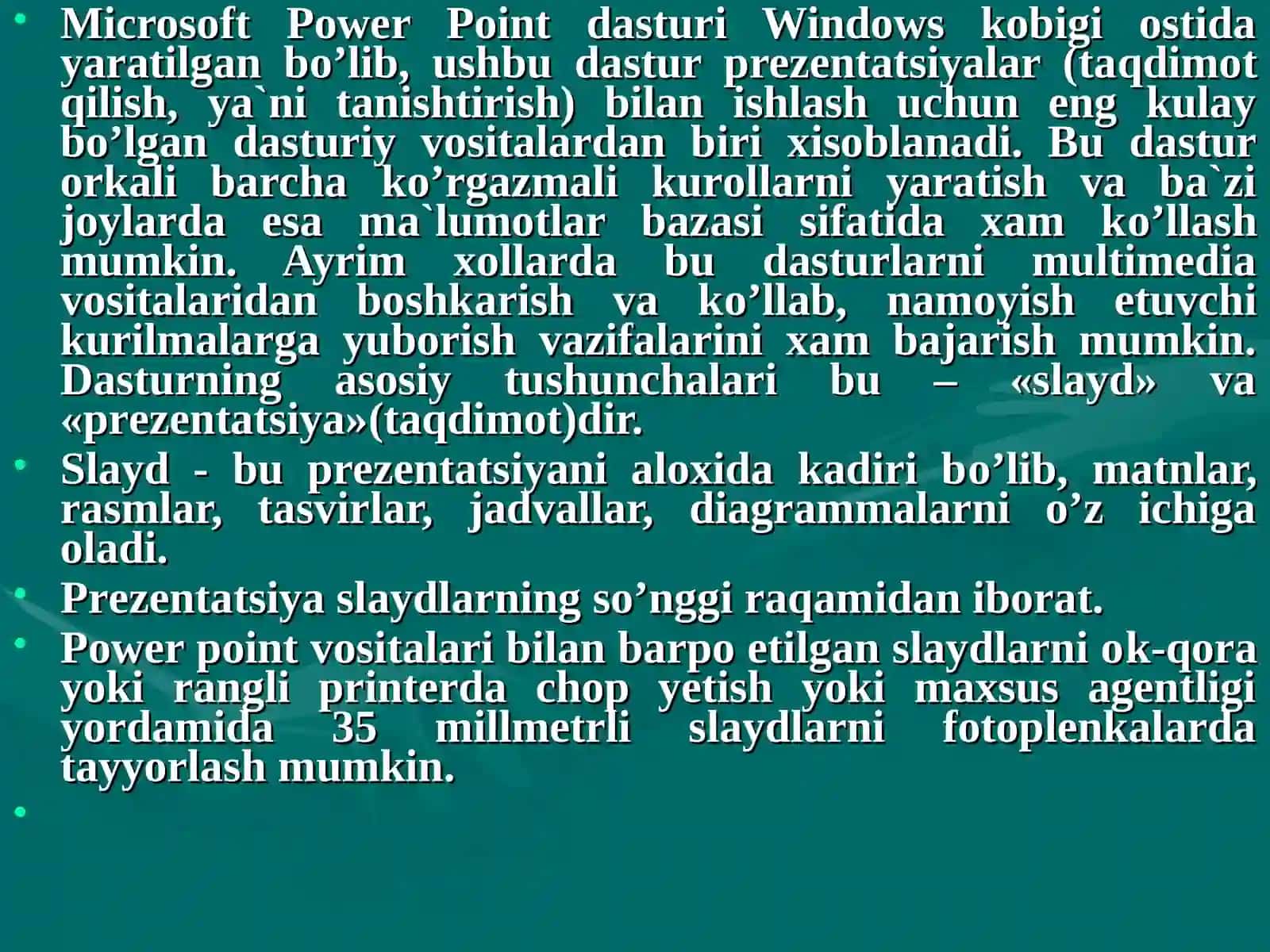Kompyuterda taqdimot yaratish asoslari. Power Point dasturi. Slaydlar bilan ishlash. Taqdimotlar namoyishi.Animatsion effektlar o’rnatish. Slaydlarni bezash va chop etish 3