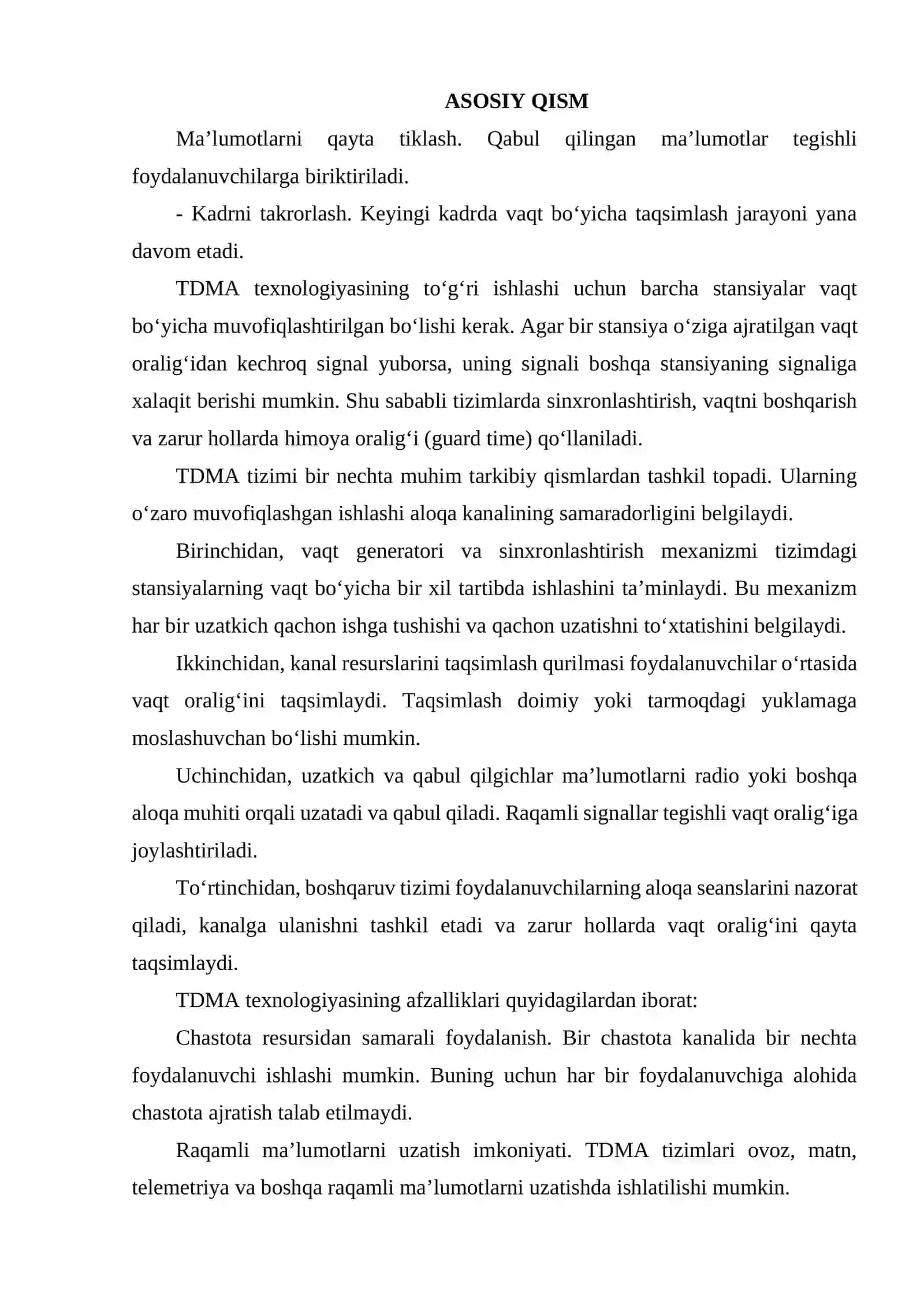 VAQT BO‘YICHA KO‘P STANSIYALI ULANISH (TDMA) VA MF-TDMA STANDARTLARI. 3