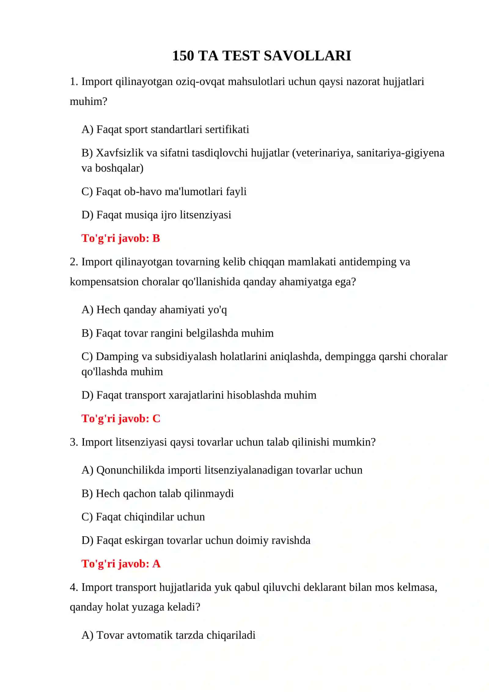 EKSPORT BOJXONA TO'LOVLARI TESTLARI 3