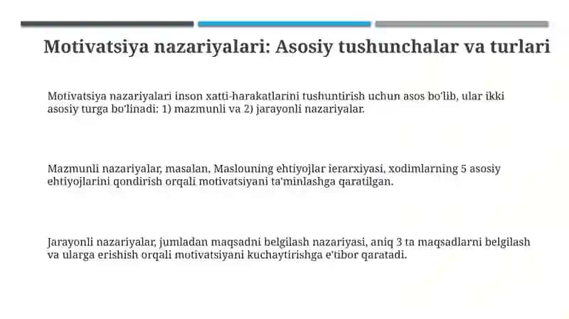 Motivatsiya nazariyalari va ularning rahbarlarlik faoliyatida qoʻllanilishi 3
