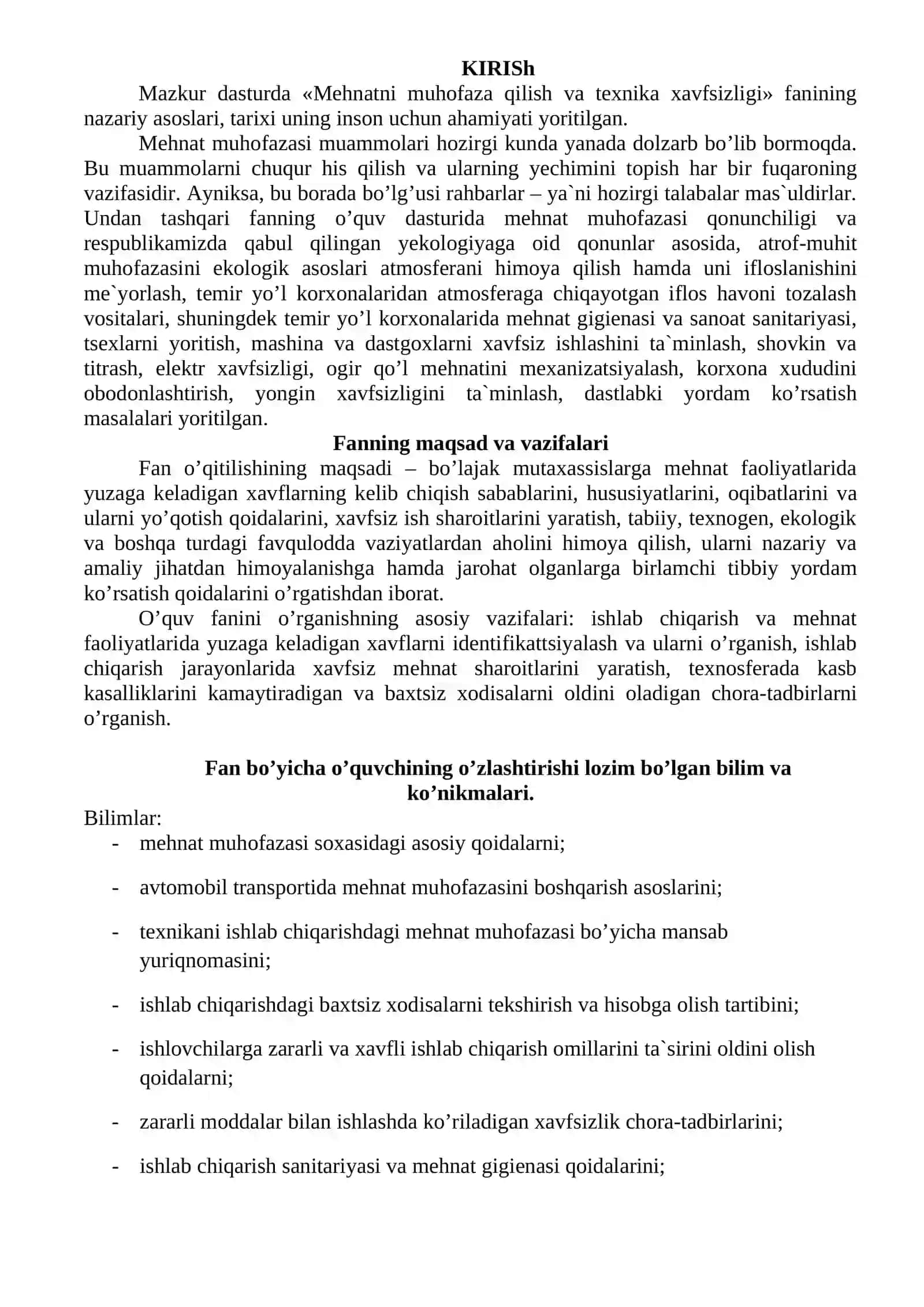 “Mehnat muhofazasi va havfsizlik texnikasi”  fanidan O’QITISH MATERIALLARI TO’PLAMI 3