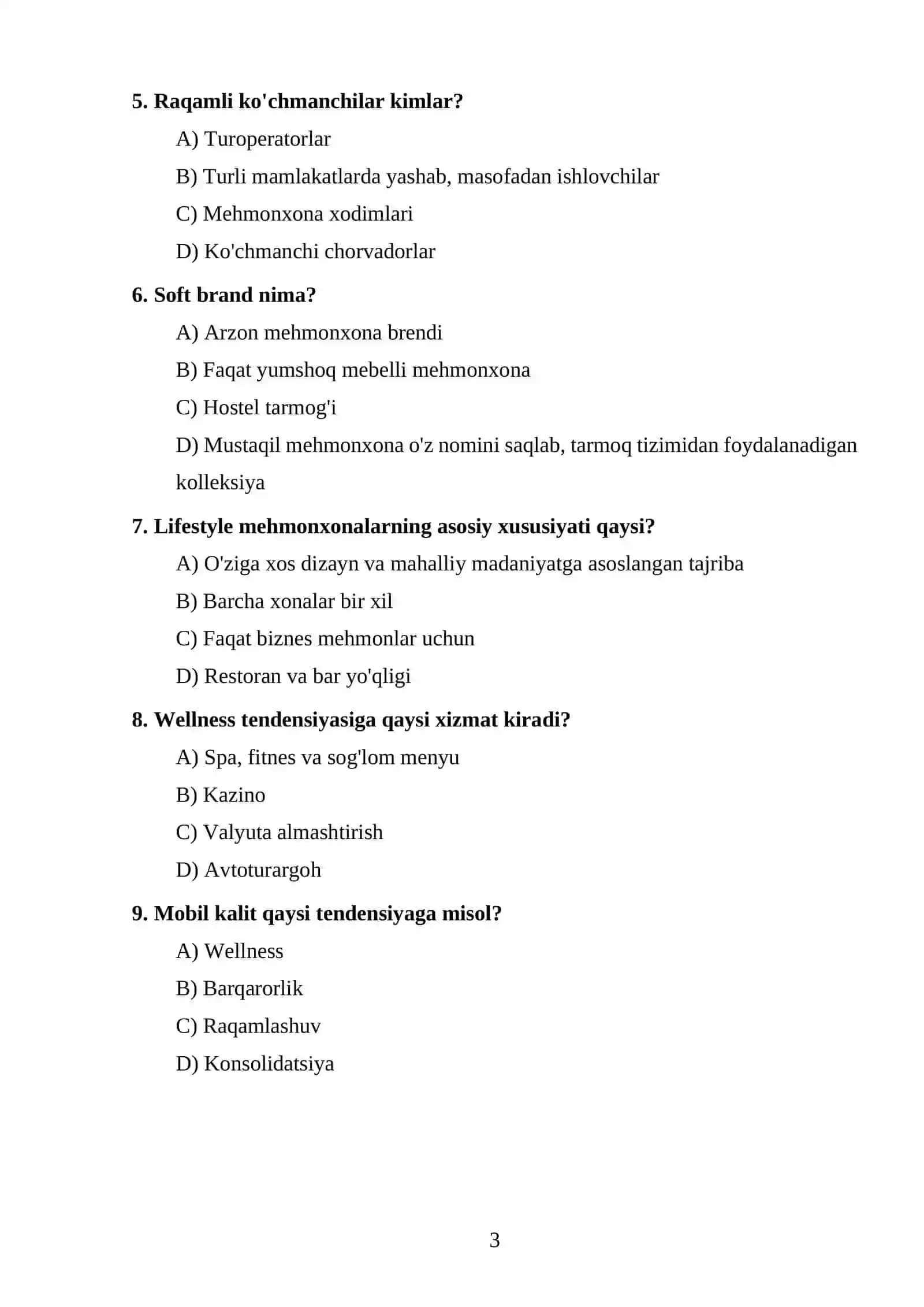 Xalqaro mehmonxona menejmenti test topshiriqlari 3