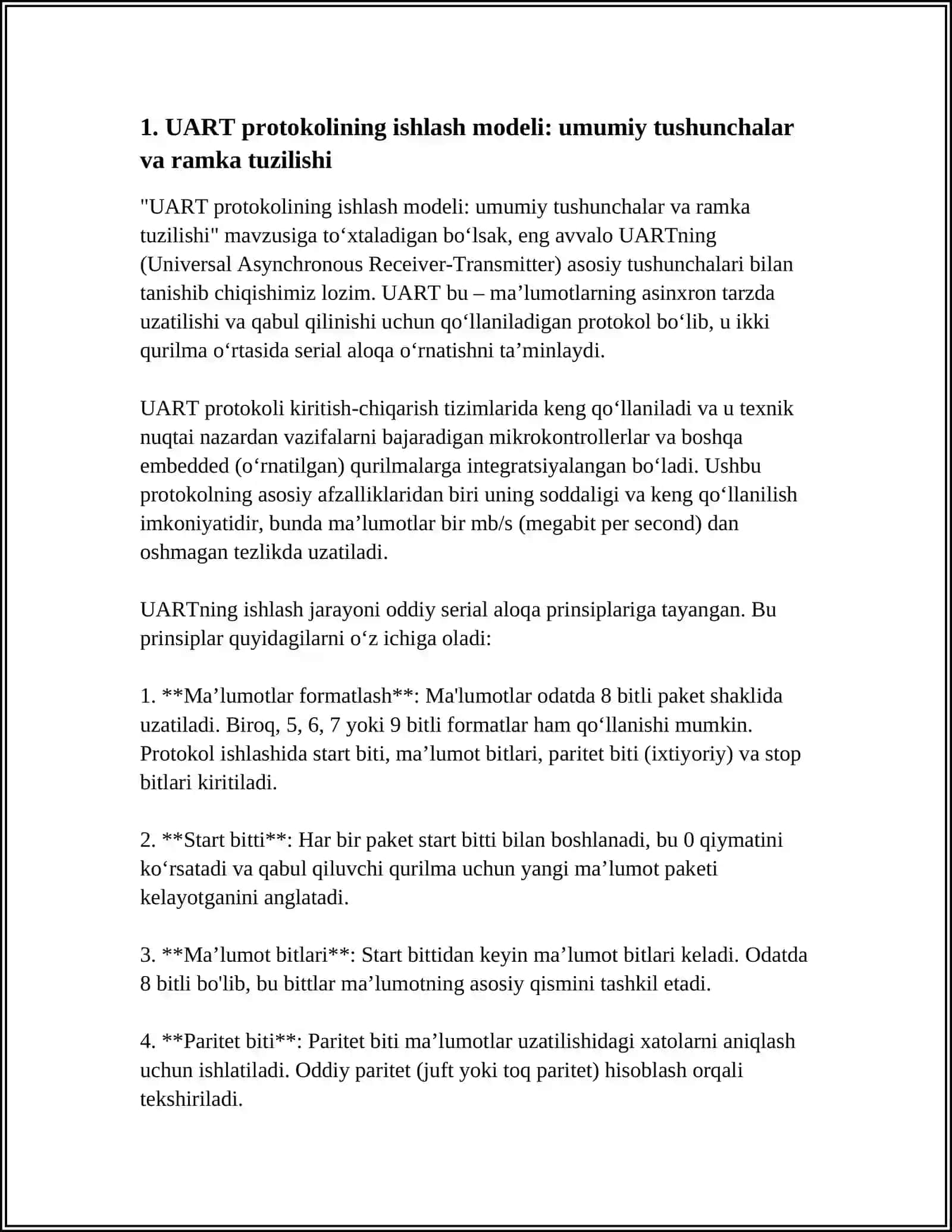 UART PROTOKOLINING ISHLASH MODELI VA EMBEDDED QURILMALARDA QO‘LLANILISHI 3