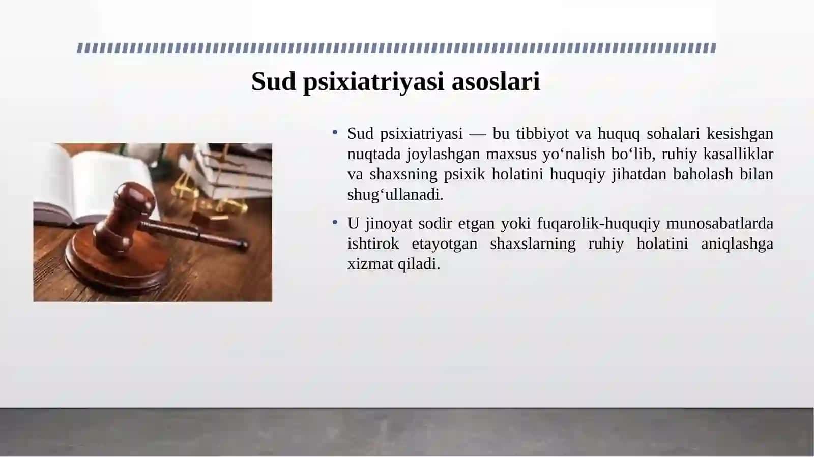 Sud psixiatriyasi asoslari. Sud psixiatriyasining predmeti va vazifalari. Asosiy maqsadlari va ahamiyati. “Psixiatriya yordami to‘g‘risida” hamda “Sud-ekspertiza to‘g‘risida”gi qonunlar. Qonunchilikka umumiy sharh. 3