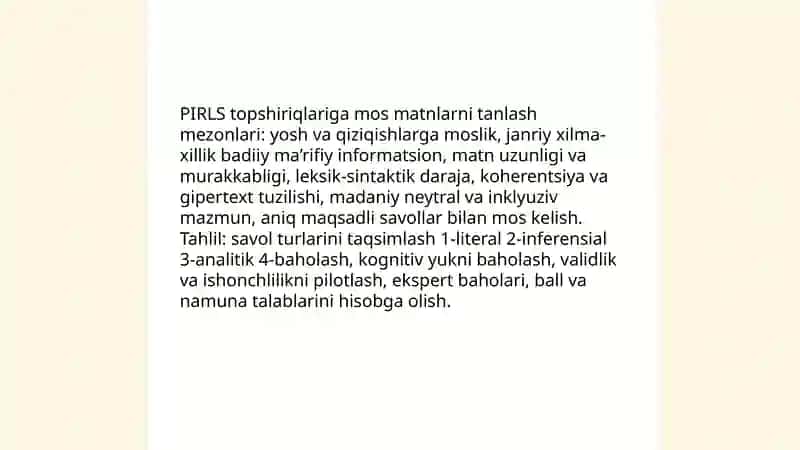 PIRLS topshiriqlari asosida ona tili va oʻqish savodxonligi darslarida berilgan matnlarni tahlil qilish 3
